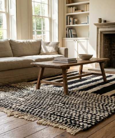 Moroccan Rug Handmade Wool 8x10 - Black White Minimalist Boho Area Rug for Living Room Bedroom - Beni Ourain