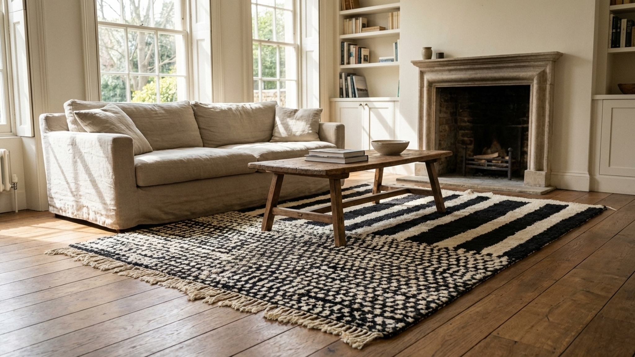 Alfombra marroquí hecha a mano de lana de 20 x 25 cm - Alfombra bohemia minimalista en blanco y negro para sala de estar y dormitorio - Beni Ourain