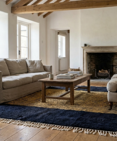 Moroccan Rug Handmade Wool 8x10 - Navy Blue Gold Striped Modern Boho Area Rug for Living Room Bedroom Mrirt