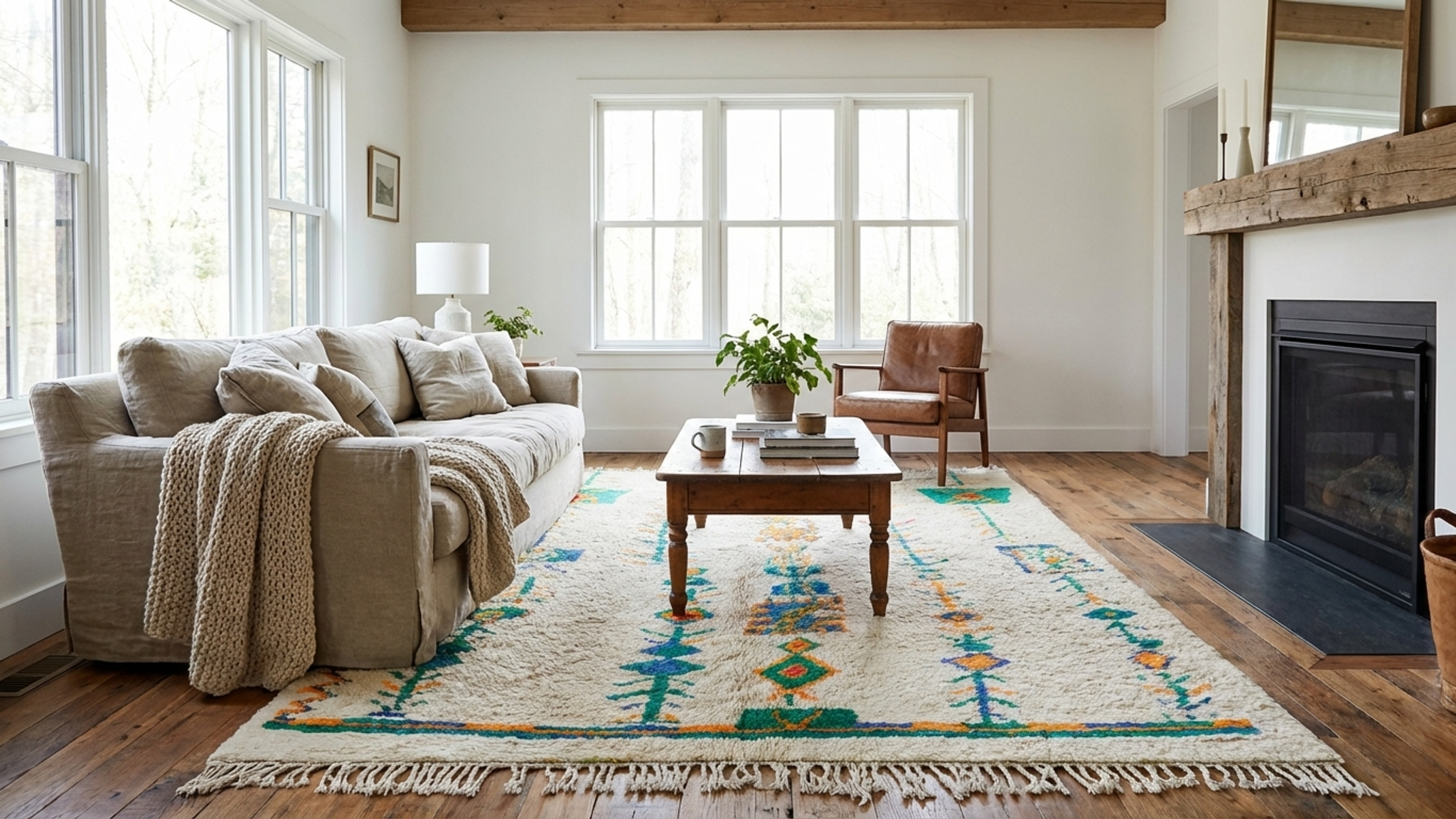 モロッコラグ ハンドメイドウール カスタムサイズ - アイボリー ニュートラル カラフル ボヘミアン エリアラグ リビングルーム 寝室用 - Azilal