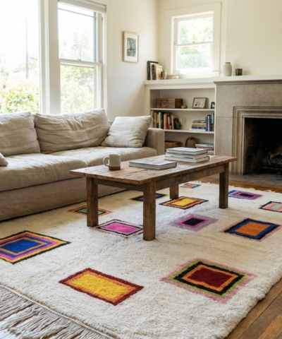 Moroccan Rug Handmade Wool Custom Size - Ivory Neutral Colorful Geometric Boho Area Rug for Living Room Bedroom - Mrirt