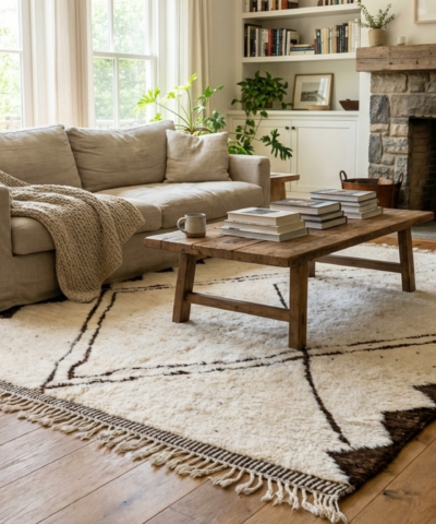 Moroccan Rug Handmade Wool 7x10 - Ivory Neutral Geometric Boho Area Rug for Living Room Bedroom - Beni Ourain