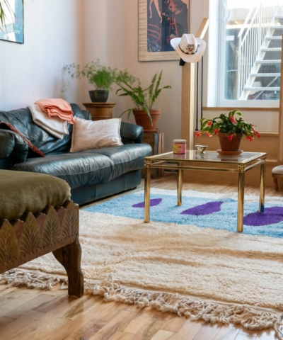 Moroccan Rug Handmade Wool 8x10 - Ivory Blue Purple Modern Boho Area Rug for Living Room Bedroom - Mrirt