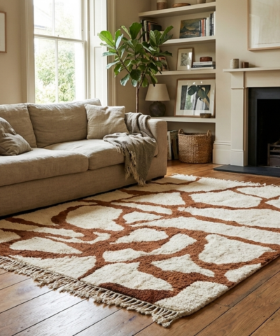 Moroccan Rug Handmade Wool 8x10 - Ivory Neutral Brown Modern Boho Area Rug for Living Room Bedroom - Mrirt