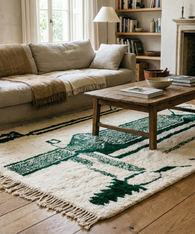 Moroccan Rug Handmade Wool 8x10 - Ivory Green Modern Boho Area Rug for Living Room Bedroom Beni Ourain