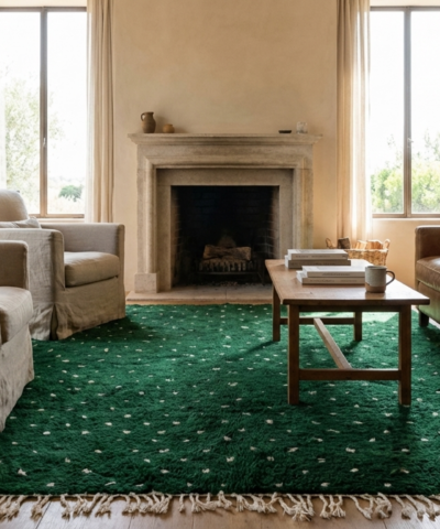 Moroccan Rug Handmade Wool 8x10 - Emerald Green Neutral Dotted Boho Area Rug for Living Room Bedroom - Mrirt