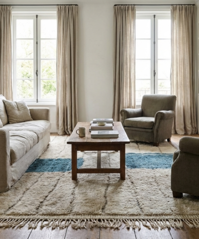 Moroccan Rug Handmade Wool 7x10 - Ivory Neutral Blue Modern Boho Area Rug for Living Room Bedroom - Beni Ourain