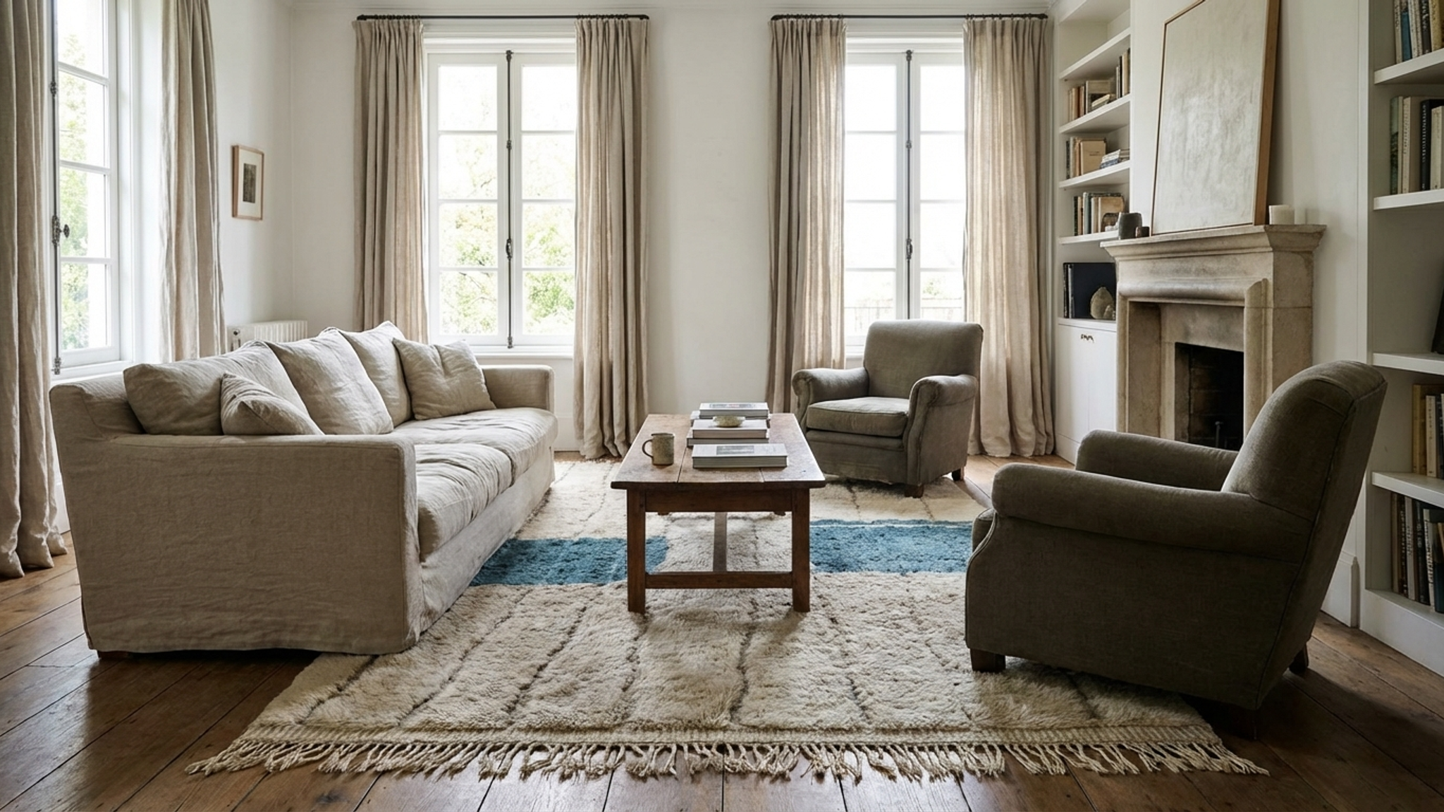 Marokkanischer handgeknüpfter Wollteppich 7x10 - Elfenbein, neutrales Blau, moderner Boho-Teppich für Wohn- und Schlafzimmer - Beni Ourain