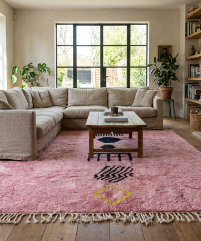 Moroccan Rug Handmade Wool Custom Size - Pink Boho Area Rug for Living Room Bedroom - Modern Minimalist Berber Rug