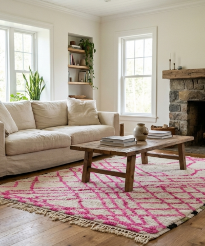 Moroccan Rug Handmade Wool Custom Size - Ivory Pink Geometric Boho Area Rug for Living Room Bedroom - Beni Ourain
