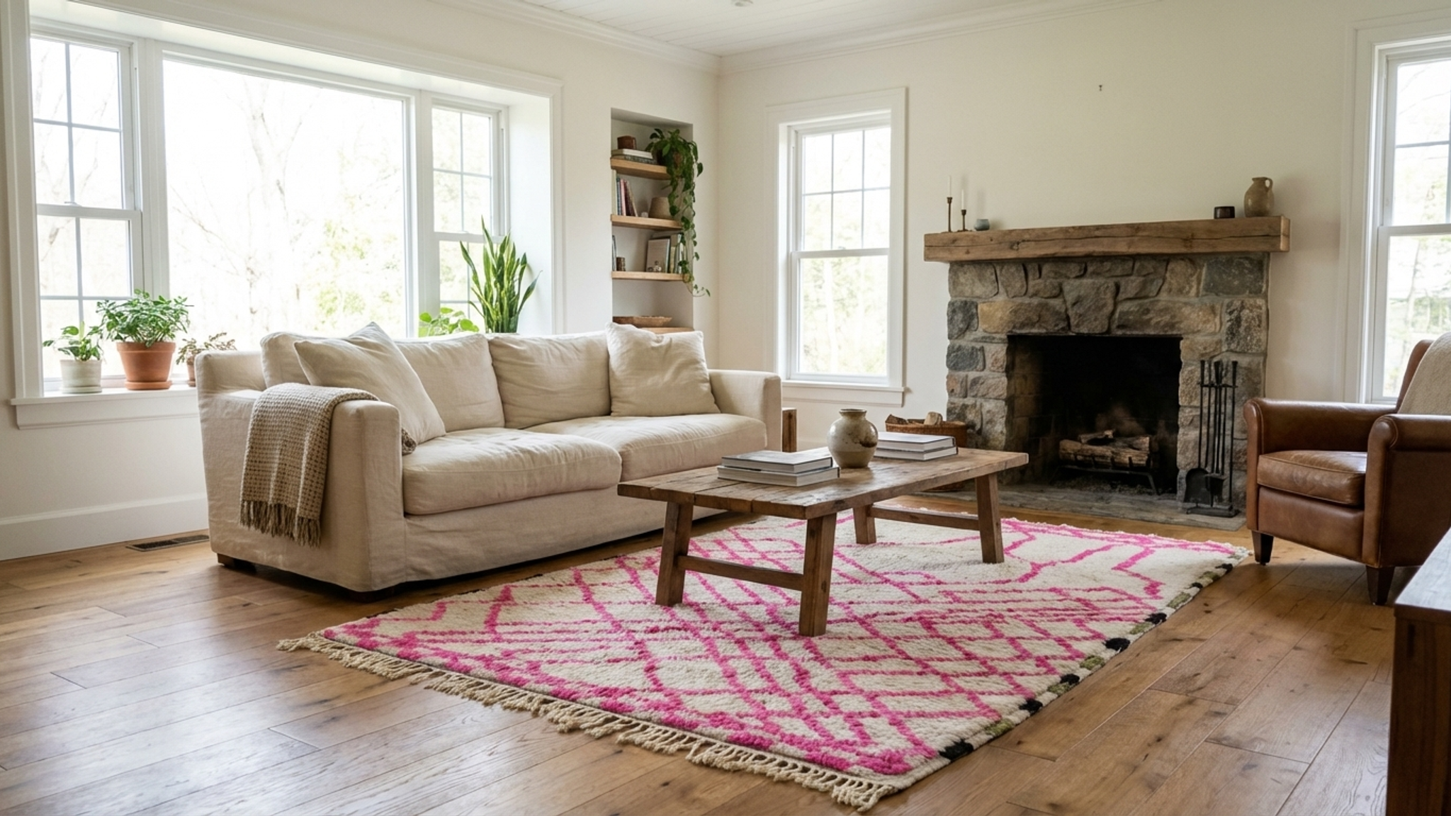 Moroccan Rug Handmade Wool Custom Size - Ivory Pink Geometric Boho Area Rug for Living Room Bedroom - Beni Ourain