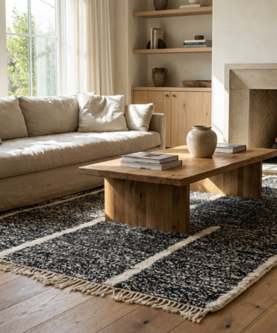 Moroccan Rug Handmade Wool 8x10 - Black White Minimalist Boho Area Rug for Living Room Bedroom - Beni Ourain