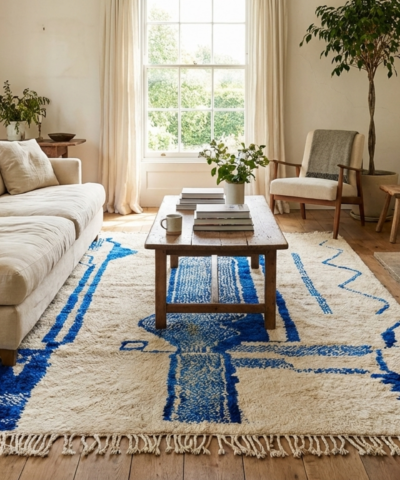 Moroccan Rug Handmade Wool Custom Size - Ivory Cream Blue Modern Boho Area Rug for Living Room Bedroom Beni Ourain