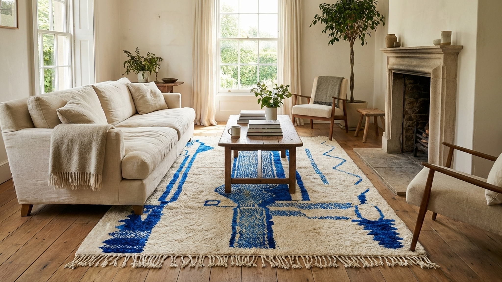 Moroccan Rug Handmade Wool Custom Size - Ivory Cream Blue Modern Boho Area Rug for Living Room Bedroom Beni Ourain