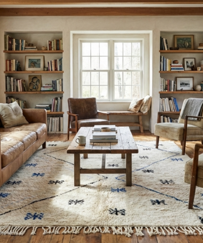 Moroccan Rug Handmade Wool 8x10 - Ivory Neutral Blue Black Modern Boho Area Rug for Living Room Bedroom Beni Ourain