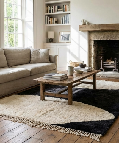 Moroccan Rug Handmade Wool 8x10 - Black Ivory Minimalist Modern Area Rug for Living Room Bedroom - Mrirt