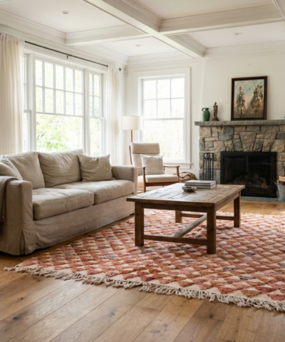 Moroccan Rug Handmade Wool 7x10 - Neutral Ivory Terracotta Modern Boho Area Rug for Living Room Bedroom - Mrirt