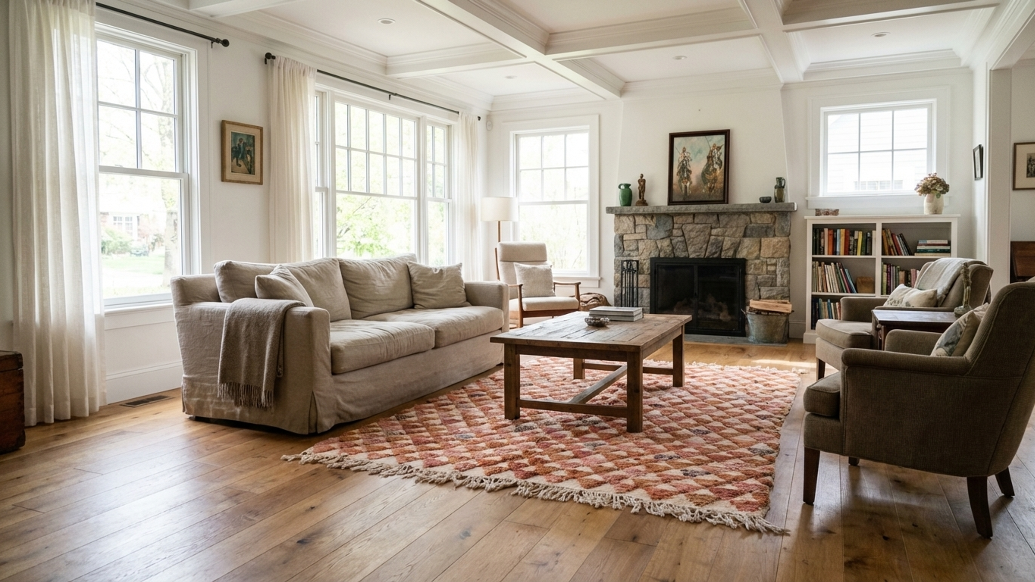 سجادة مغربية مصنوعة يدويًا من الصوف، مقاس 7×10 - سجادة عصرية بوهيمية بألوان محايدة (عاجي، تيراكوتا) لغرفة المعيشة أو غرفة النوم - من ميرت