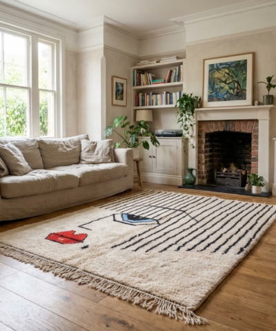 Moroccan Rug Handmade Wool 6x8 - Ivory Black Modern Minimalist Area Rug for Living Room Bedroom Berber