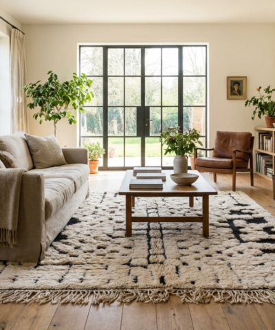 Moroccan Rug Handmade Wool 8x6 - Ivory Black Minimalist Boho Area Rug for Living Room Bedroom - Mrirt