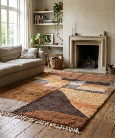 Moroccan Rug Handmade Wool 7x10 - Neutral Brown Tan Modern Boho Area Rug for Living Room Bedroom - Mrirt