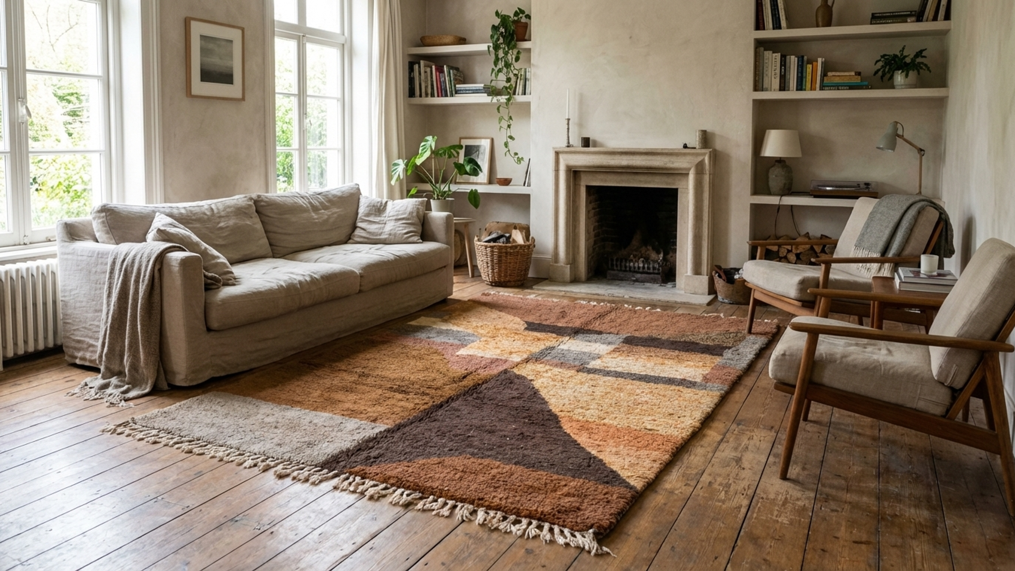 モロッコラグ ハンドメイドウール 7x10 - ニュートラルブラウンタンモダンボヘミアンエリアラグ リビングルーム 寝室用 - Mrirt