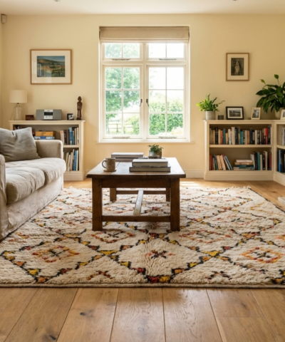 Moroccan Rug Handmade Wool 7x10 - Ivory Neutral Boho Area Rug for Living Room Bedroom - Beni Ourain