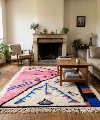 Moroccan Rug Handmade Wool 4x7 - Ivory Pink Modern Boho Area Rug for Living Room Bedroom - Mrirt Berber