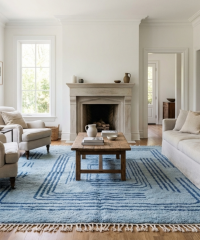 Moroccan Rug Handmade Wool 7x10 - Blue Minimalist Modern Area Rug for Living Room Bedroom - Authentic Mrirt Berber