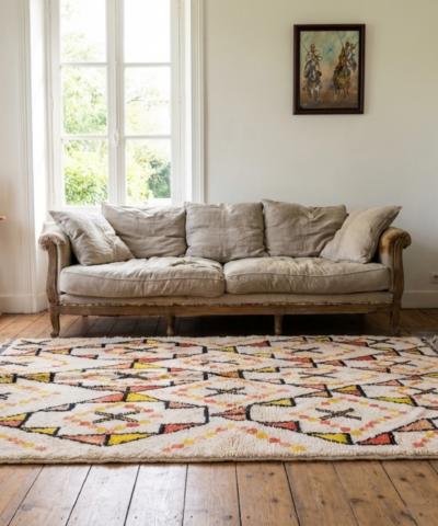 سجادة مغربية مصنوعة يدوياً من الصوف، مقاس 6x6 - لون عاجي محايد، بنمط هندسي بوهيمي، مناسبة لغرفة المعيشة أو غرفة النوم، بني ورين