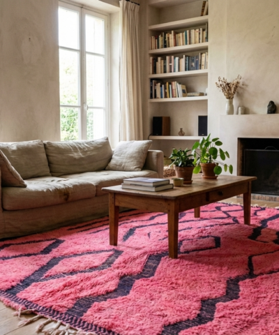 Moroccan Rug Handmade Wool 7x9 - Pink Black Geometric Boho Area Rug for Living Room Bedroom - Mrirt