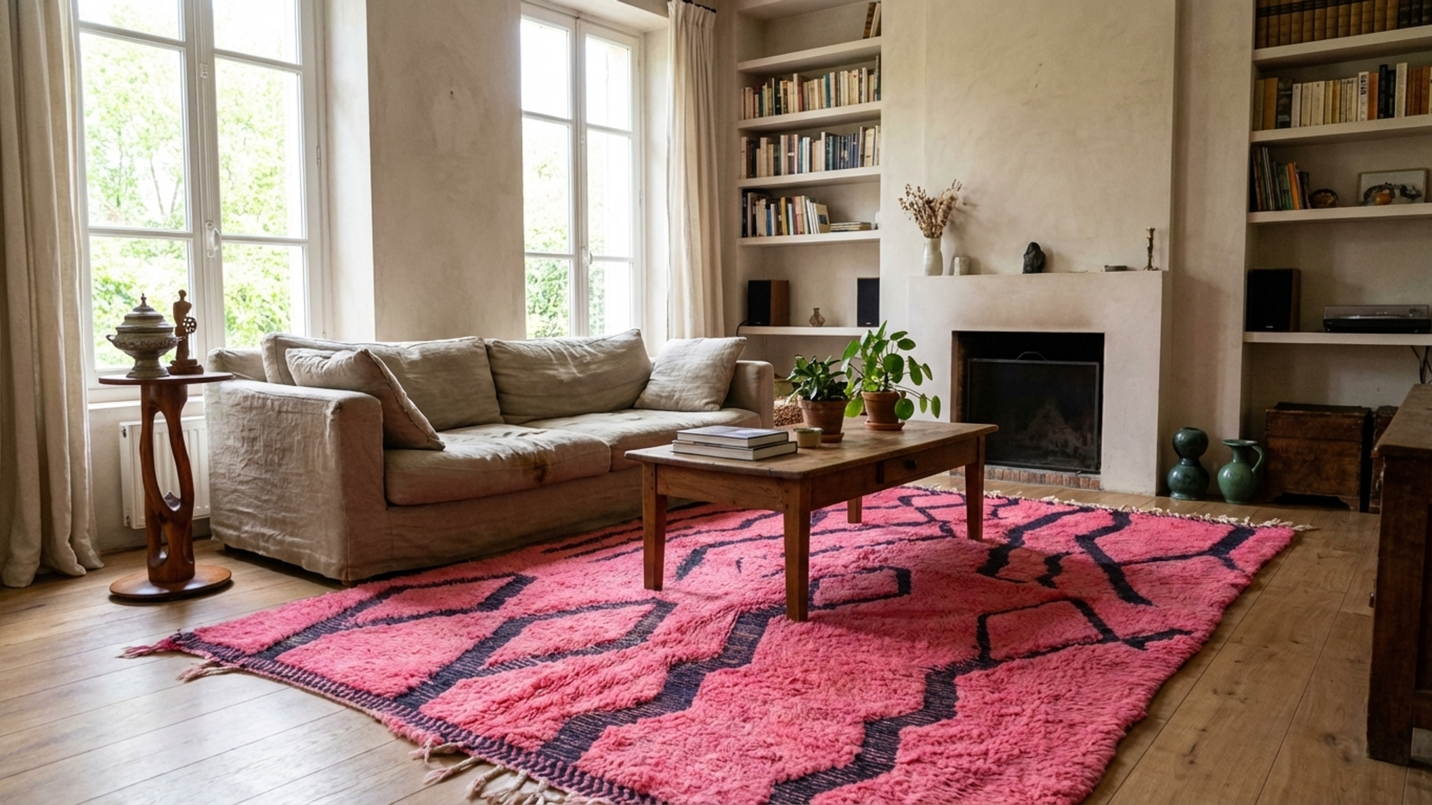 Moroccan Rug Handmade Wool 7x9 - Pink Black Geometric Boho Area Rug for Living Room Bedroom - Mrirt