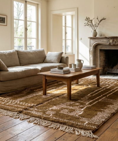 Moroccan Rug Handmade Wool 7x10 - Olive Green Neutral Modern Boho Area Rug for Living Room Bedroom - Mrirt Berber