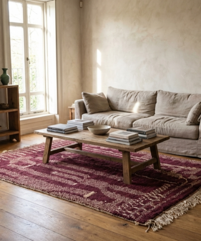 Moroccan Rug Handmade Wool 7x10 - Burgundy Plum Neutral Modern Boho Area Rug for Living Room Bedroom - Mrirt Berber