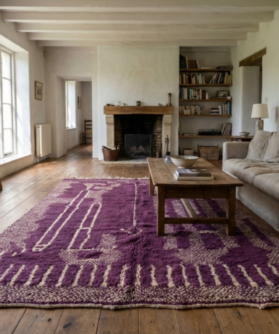 سجادة مغربية مصنوعة يدويًا من الصوف، مقاس 7×10 - لون بنفسجي داكن محايد، سجادة عصرية بوهيمية لغرفة المعيشة أو غرفة النوم - أصلية من ميرت