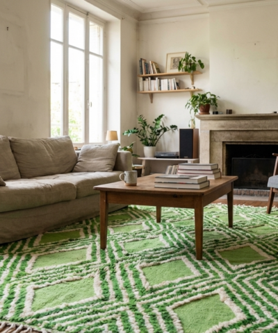 Moroccan Rug Handmade Wool 7x10 - Green Ivory Geometric Modern Area Rug for Living Room Bedroom - Mrirt