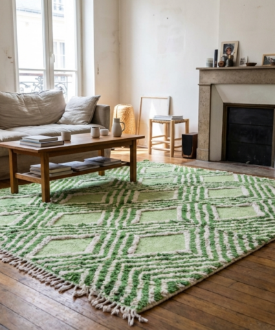 سجادة مغربية مصنوعة يدوياً من الصوف، مقاس 7×10 أقدام - لون أخضر زيتوني وعاجي، بنمط هندسي بوهيمي، مناسبة لغرفة المعيشة وغرفة النوم - من ميرت