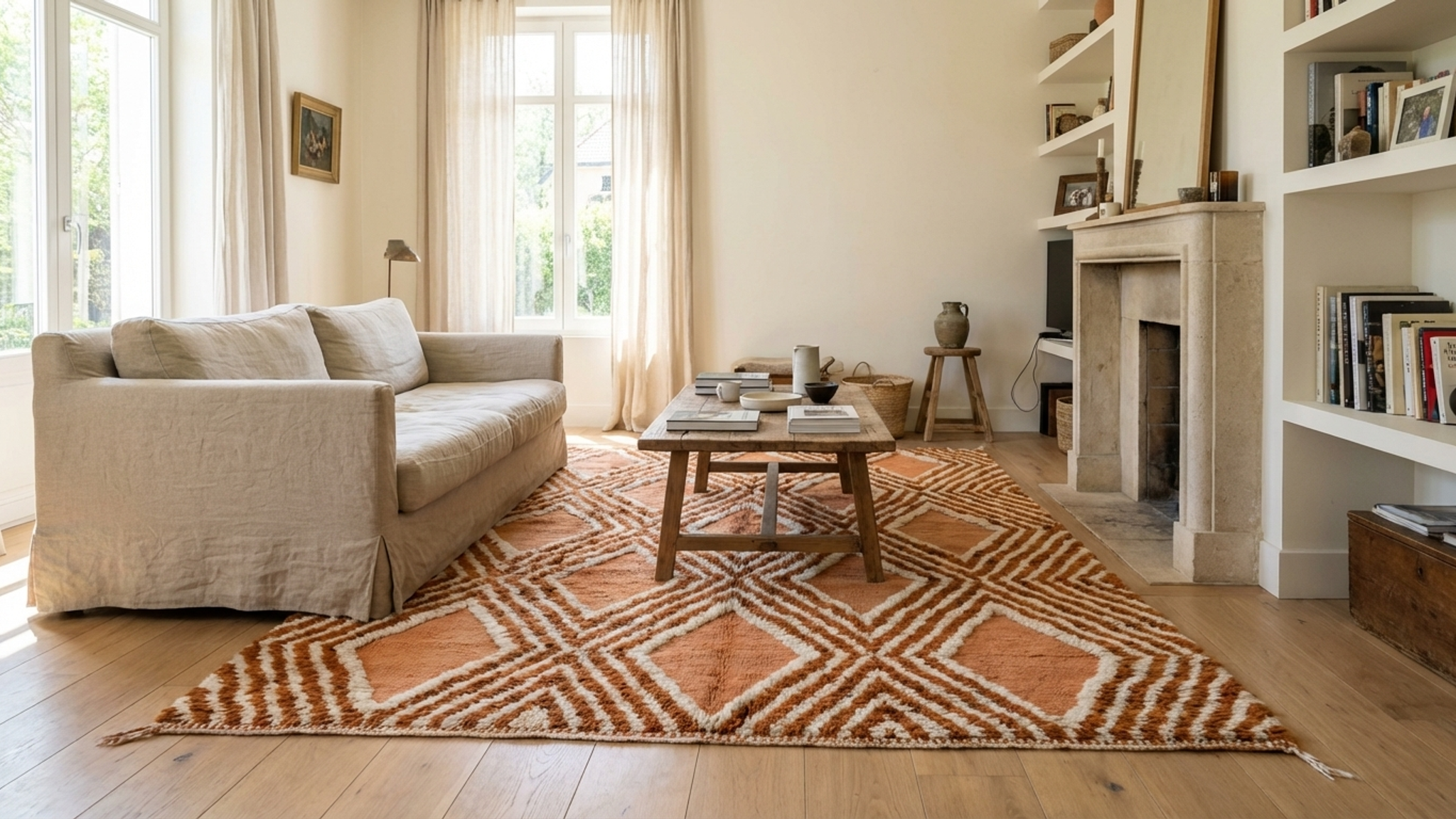 Moroccan Rug Handmade Wool 7x10 - Terracotta Ivory Geometric Boho Area Rug for Living Room Bedroom - Mrirt