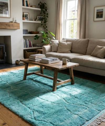 Moroccan Rug Handmade Wool 7x10 - Turquoise Blue Modern Boho Area Rug for Living Room Bedroom - Mrirt Berber