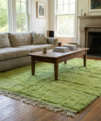 Moroccan Rug Handmade Wool 7x10 - Green Minimalist Boho Area Rug for Living Room Bedroom - Mrirt