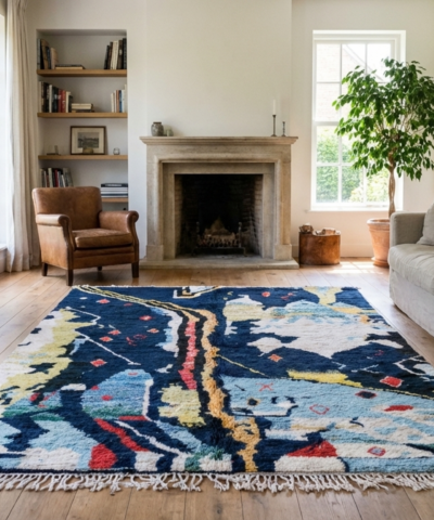 Moroccan Rug Handmade Wool 7x10 - Navy Blue Modern Boho Area Rug for Living Room Bedroom - Boujaad