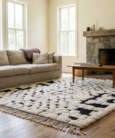 Moroccan Rug Handmade Wool 6x8 - Ivory Black Minimalist Boho Area Rug for Living Room Bedroom - Beni Ourain