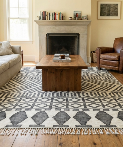 Moroccan Rug Handmade Wool 7x10 - Ivory Black Modern Minimalist Area Rug for Living Room Bedroom - Modern Hanbal