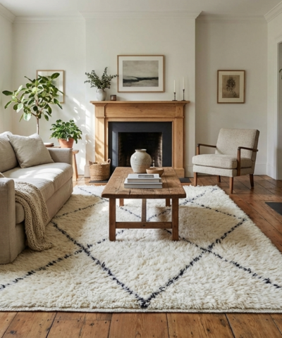 Moroccan Rug Handmade Wool 2x4 - Ivory Black Diamond Minimalist Boho Area Rug for Bedroom or Entryway Beni Ourain