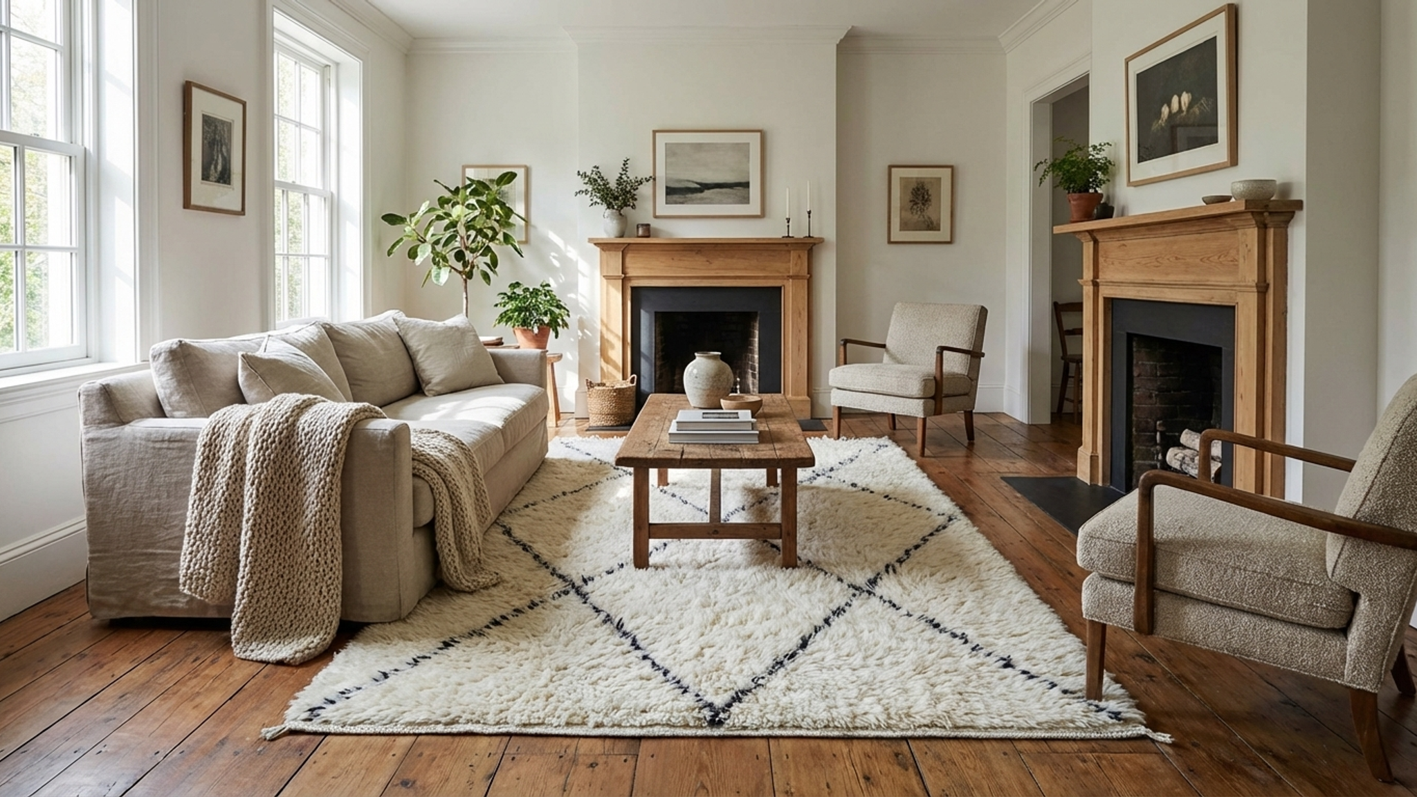 Moroccan Rug Handmade Wool 2x4 - Ivory Black Diamond Minimalist Boho Area Rug for Bedroom or Entryway Beni Ourain