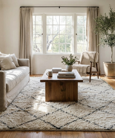 Moroccan Rug Handmade Wool 2x4 - Ivory Black Minimalist Boho Area Rug for Bedroom Entryway Beni Ourain