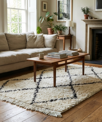 Moroccan Rug Handmade Wool 2x4 - Ivory Black Minimalist Boho Area Rug for Bedroom Entryway Beni Ourain