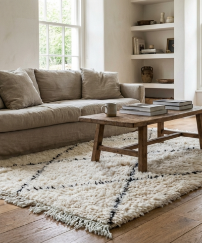 Moroccan Rug Handmade Wool 2x4 - Ivory Black Minimalist Boho Area Rug for Bedroom or Entryway - Beni Ourain