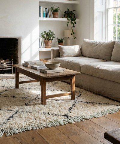 Moroccan Rug Handmade Wool 2x4 - Ivory Black Minimalist Boho Area Rug for Living Room Bedroom - Beni Ourain