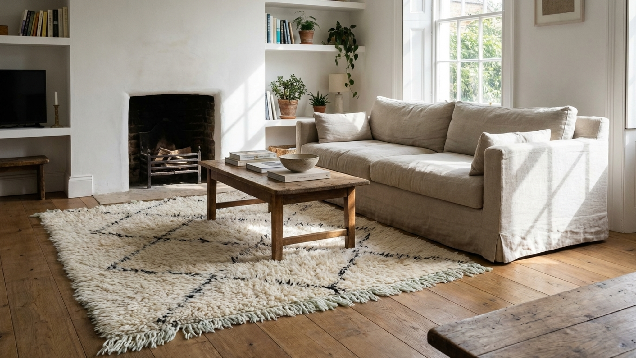 Marokkanischer handgeknüpfter Wollteppich (60 x 120 cm) – Elfenbein-Schwarz, minimalistischer Boho-Teppich für Wohn- und Schlafzimmer – Beni Ourain